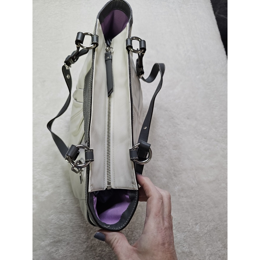 Coach Pleated Leather‎ White & Gray Tote Bag Purse Purple Inside Silver Hardware - Picture 4 of 12